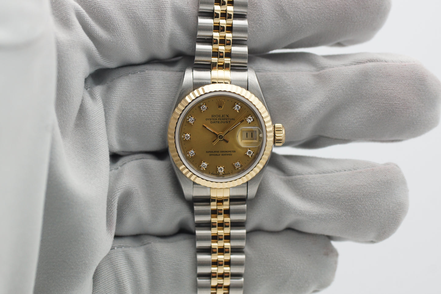 Rolex Lady-Datejust 26 69173G Gold Diamant Blatt Etui 1991